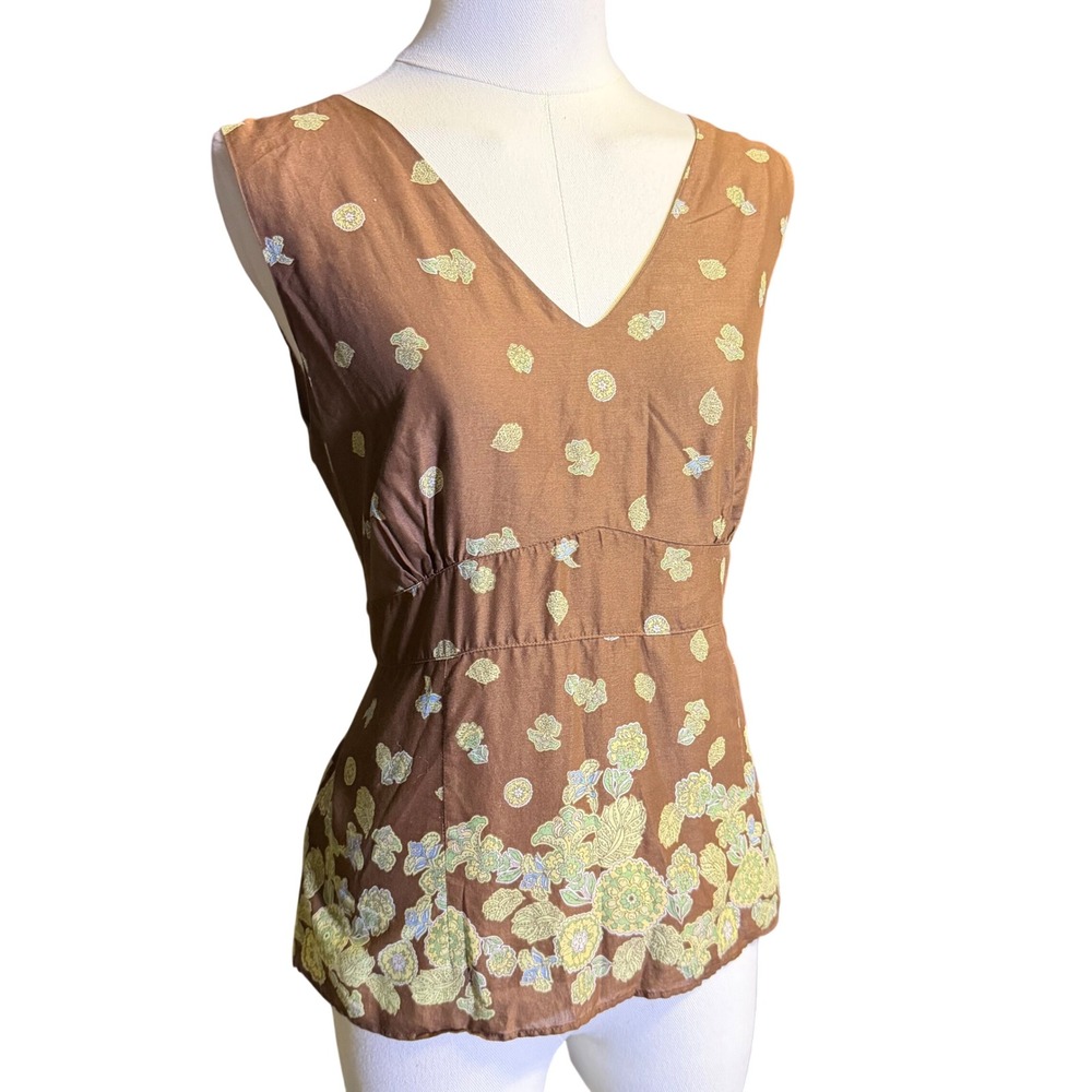 Ann Taylor Blouse Women 12 Brown Good Floral Paisley V-Neck Sleeveless Top